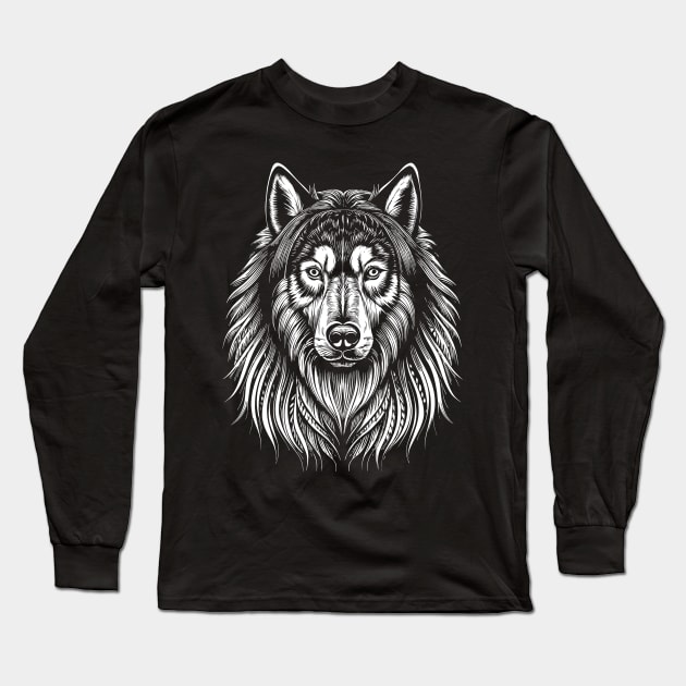 Alaskan Malamute Dog Portrait/Face White on Black Long Sleeve T-Shirt by Ravenglow